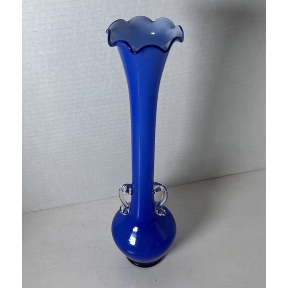12” Tall 1950’s Handled Blue Glass Bud Vase Clear Handles White Interior - Picture 1 of 9